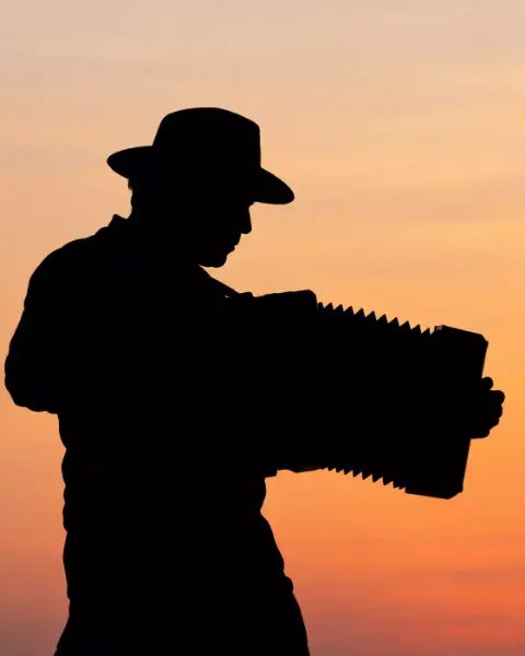Silueta de un hombre con sombrero tocando el acordeón contra el cielo naranja del atardecer.