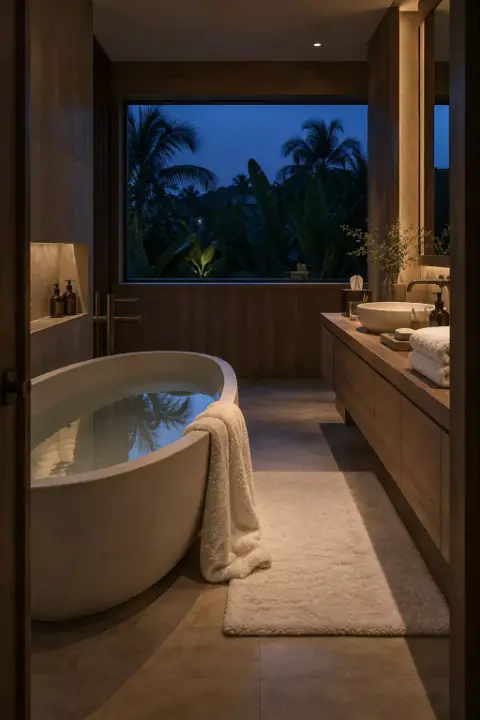 Baño en madera con tina exenta, lavamanos y una ventana amplia hacia las palmas, de noche.