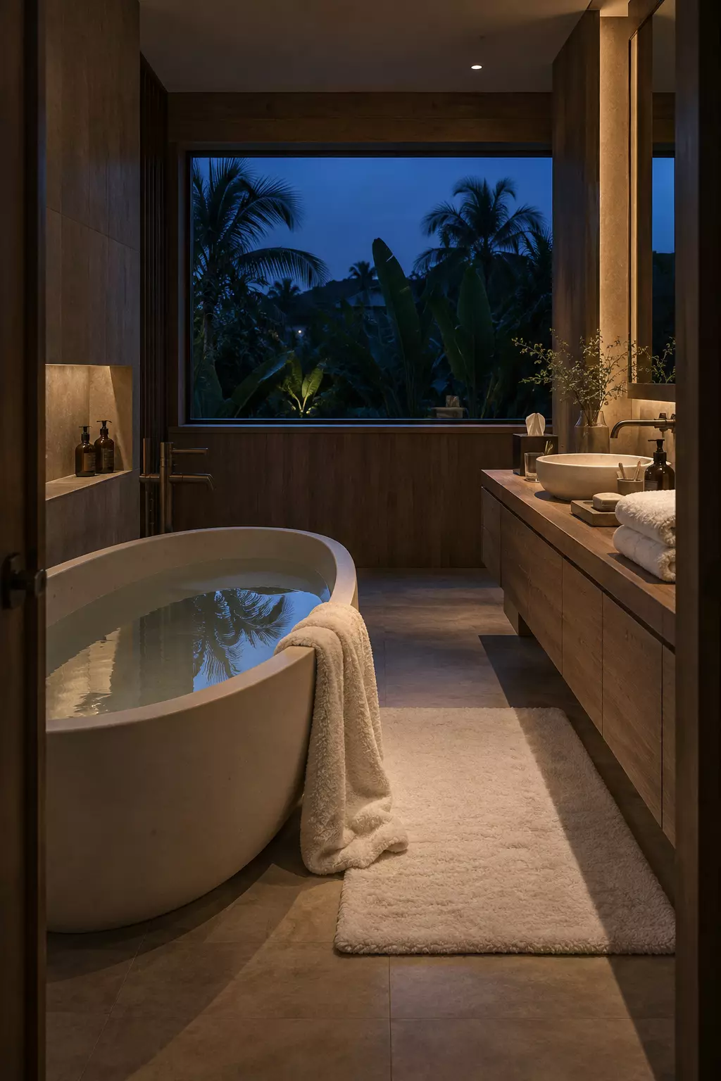 Baño en madera con tina exenta, lavamanos y una ventana amplia hacia las palmas, de noche.
