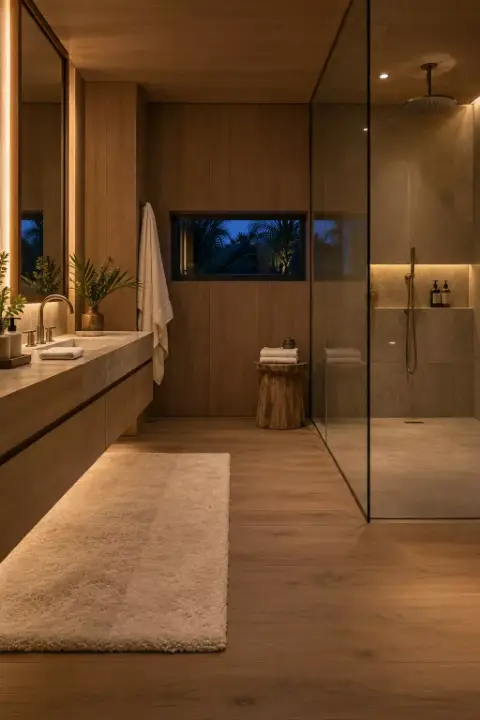 Baño en madera con lavamanos, ducha tras un panel de vidrio y una ventana horizontal hacia la vegetación.