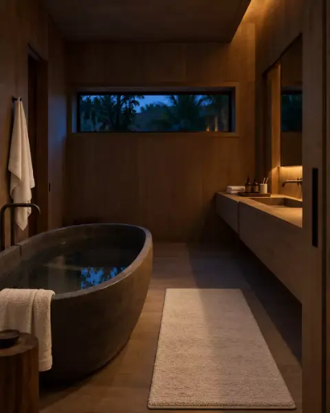 Baño en madera con tina de piedra oscura, toallas y una ventana horizontal hacia la vegetación.