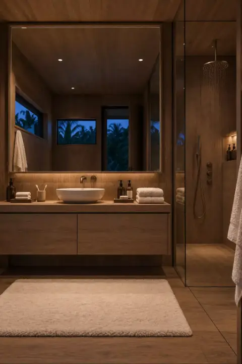 Baño con lavamanos, espejo iluminado y ducha de vidrio, con ventanas pequeñas hacia la vegetación.