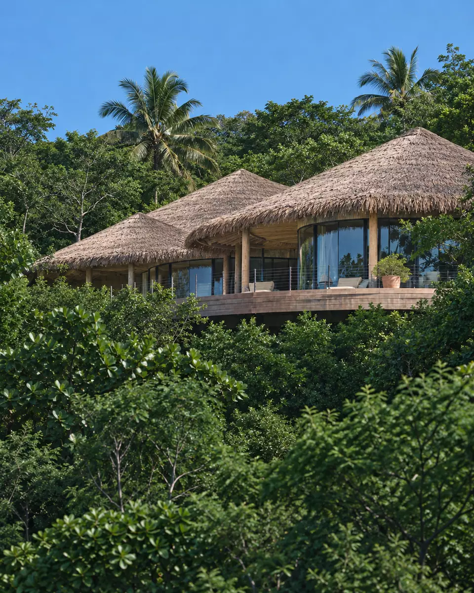 Dos bungalows de techo de palma elevados entre la vegetación.