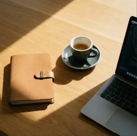 Una libreta de cuero, una taza de café y un computador portátil sobre una mesa de madera con luz de sol.