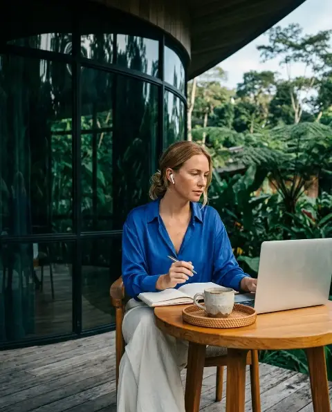 Una mujer trabaja con un computador portátil y una libreta en una mesa redonda de madera, en la terraza junto al ventanal curvo y la vegetación.