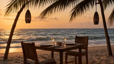 Una mesa servida sobre la arena, frente al mar al atardecer, con lámparas de fibra colgadas de las palmas.