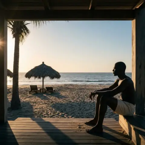 Un hombre sentado bajo una estructura de madera mira el mar y la playa al atardecer.