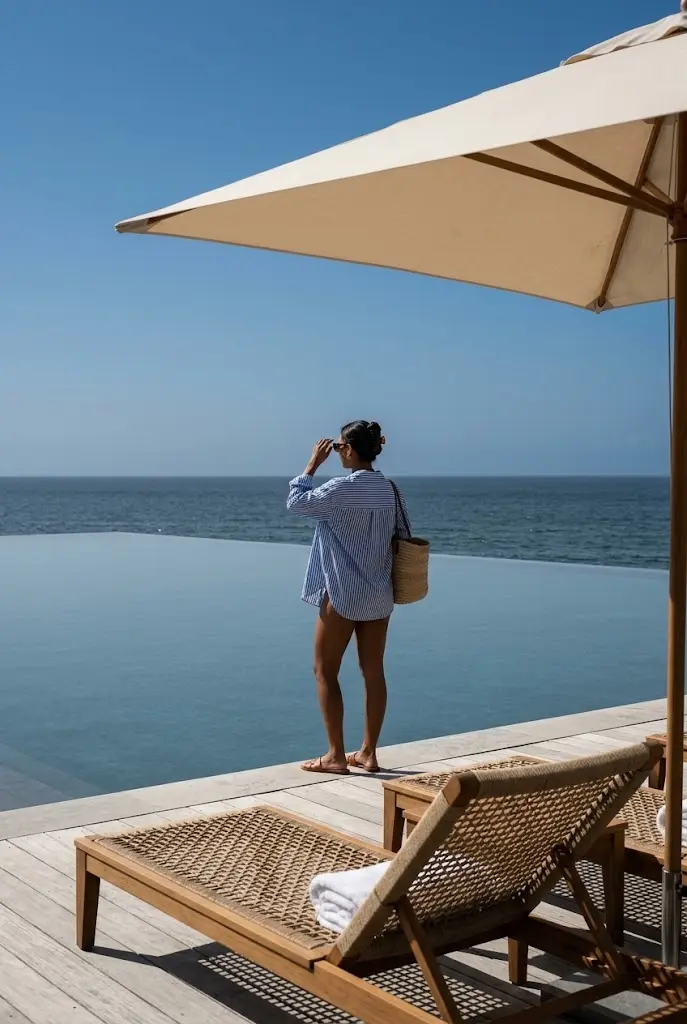 Una mujer se protege los ojos y mira el mar desde el borde de una piscina, junto a tumbonas de madera y una sombrilla.