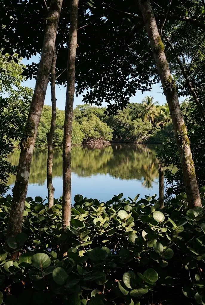 La laguna en calma vista entre troncos y hojas, con palmeras en la otra orilla.