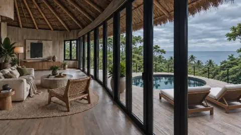 Séjour ouvert par de grandes baies sur une terrasse avec jacuzzi, transats et la mer.