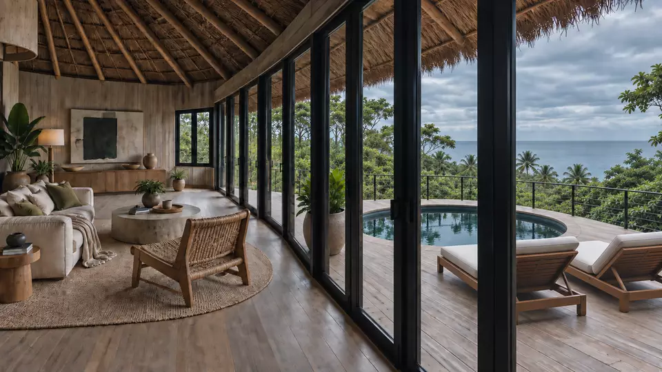 Sala abierta con ventanales hacia una terraza con piscina de inmersión, tumbonas y el mar.