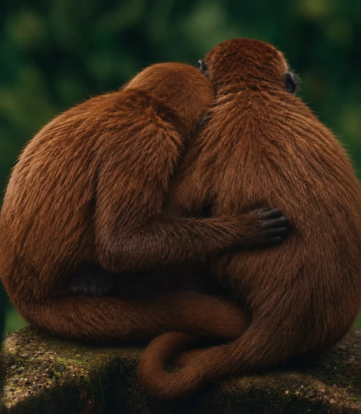 Dos monos de pelaje rojizo abrazados entre el follaje.