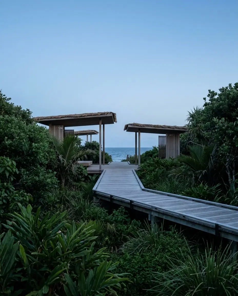 Wooden boardwalk through the greenery leading to palm-roofed pavilions facing the sea, at dusk.