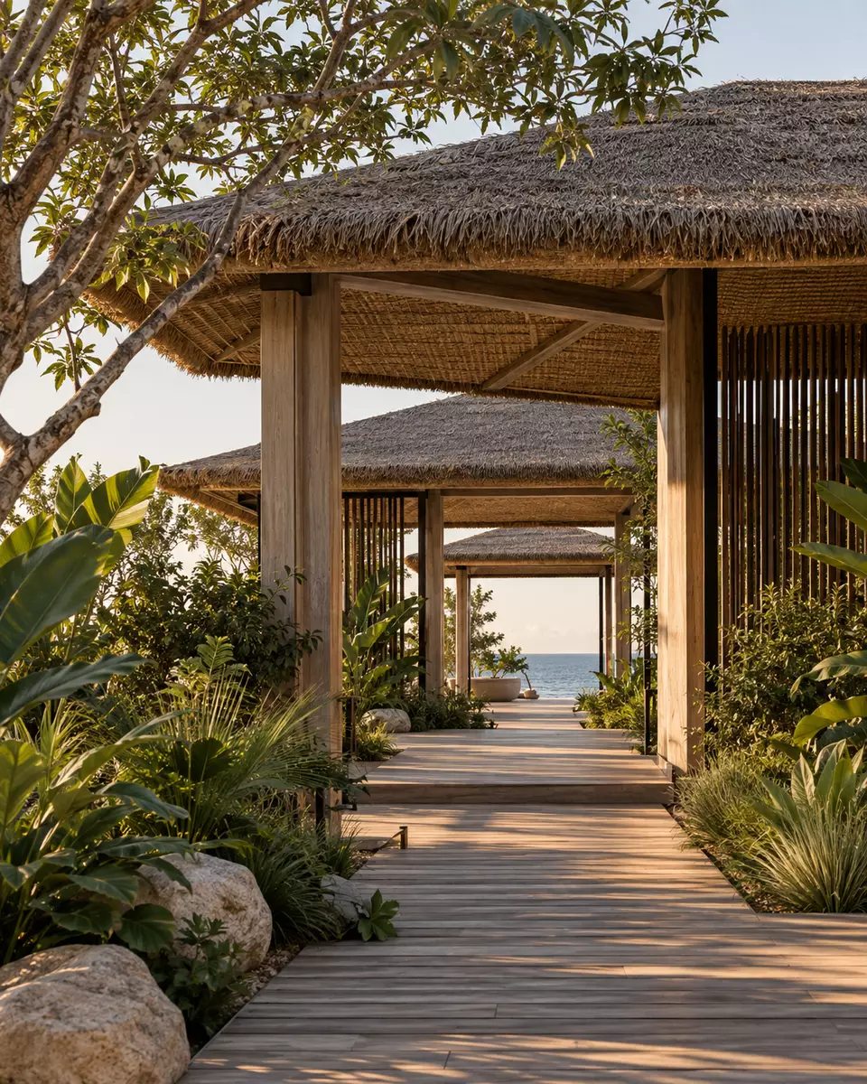 Pasarela de madera bajo pabellones de techo de palma, hacia la playa.