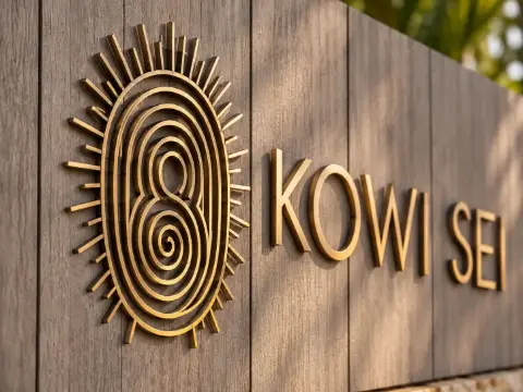 Símbolo y nombre de KOWI SEI en letras de latón sobre un muro de madera.