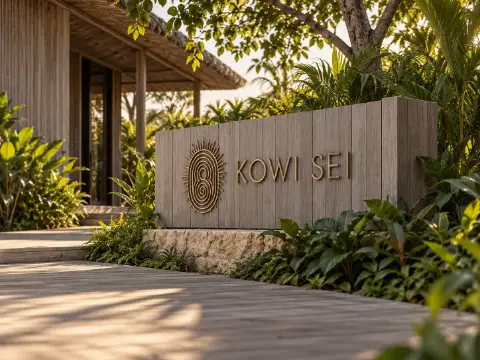 Muro de madera con el símbolo y el nombre KOWI SEI sobre una base de piedra, con luz dorada de la tarde.