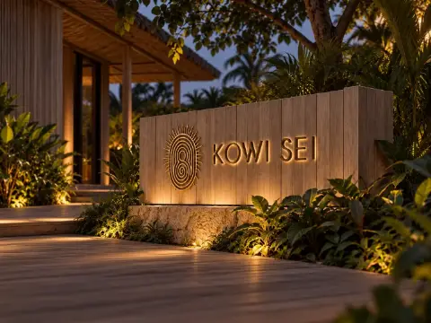 Muro de madera con el símbolo y el nombre KOWI SEI iluminados, de noche, entre la vegetación.
