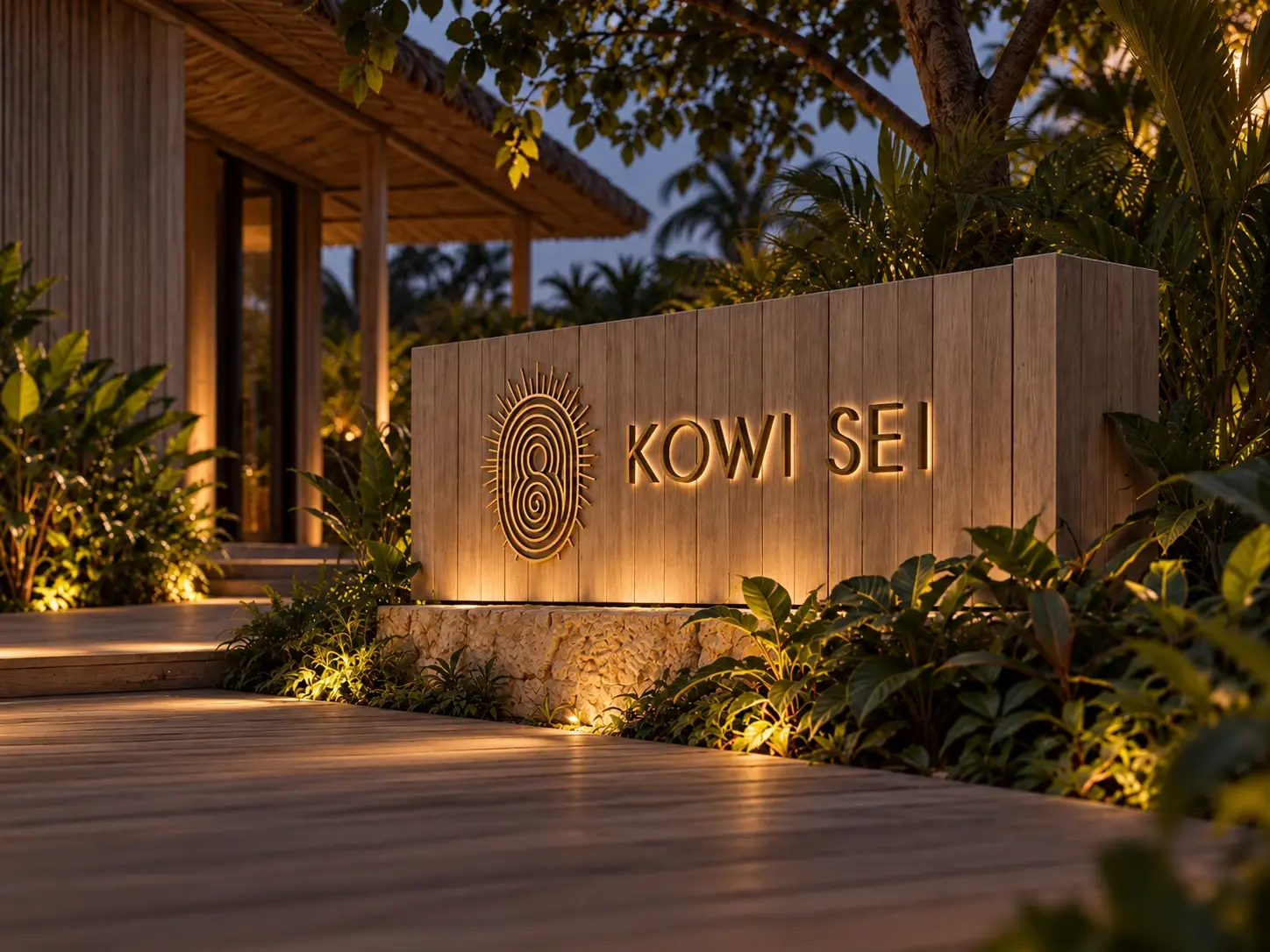 Muro de madera con el símbolo y el nombre KOWI SEI iluminados, de noche, entre la vegetación.