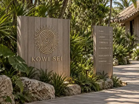 Muro de madera con el símbolo y el nombre KOWI SEI, junto a un poste que indica playa, laguna, senderos, restaurante y bienestar.