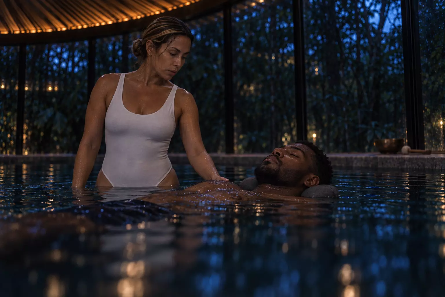 Una terapeuta acompaña una sesión de flotación en la piscina de un spa, de noche.