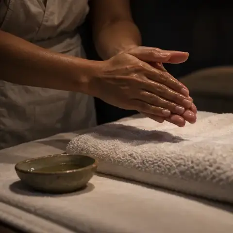 Manos con aceite sobre una toalla blanca, junto a un cuenco de cerámica.