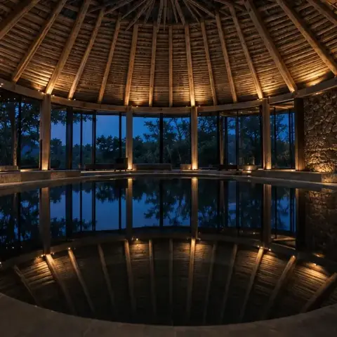 Piscina interior bajo un techo radial de madera iluminado, con ventanales hacia la vegetación de noche.