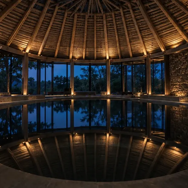 Piscine intérieure sous un toit radial en bois éclairé, avec de grandes baies sur la végétation la nuit.