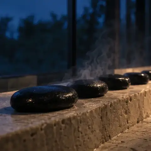 Piedras negras calientes sobre un borde de piedra, con vapor y la vegetación de noche al fondo.