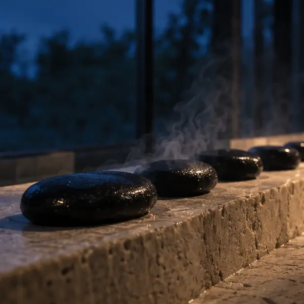 Pierres noires chaudes sur un rebord en pierre, avec de la vapeur et la végétation la nuit en arrière-plan.