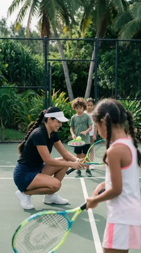 Una profesora agachada enseña a tres niños con raquetas en una cancha de tenis rodeada de vegetación.