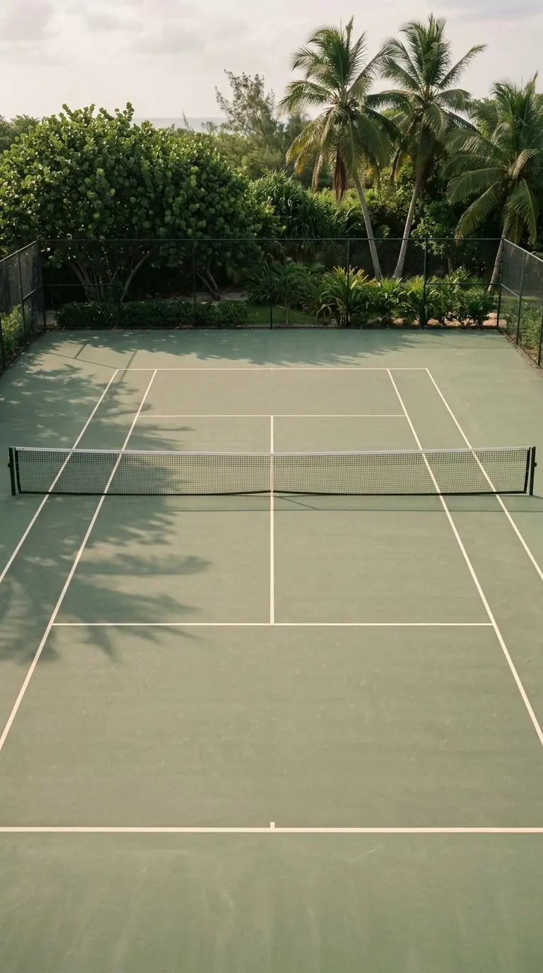 Court de tennis vert entouré de végétation et de palmiers, avec la mer au loin.