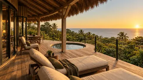 Terraza de madera con tumbonas y jacuzzi, frente al mar al atardecer.