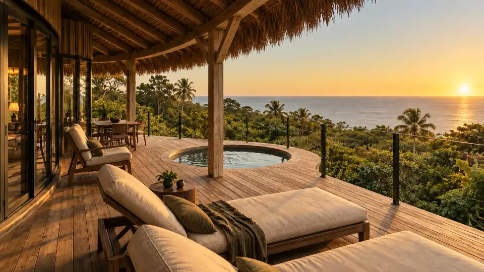 Terraza de madera con tumbonas y piscina de inmersión, frente al mar al atardecer.