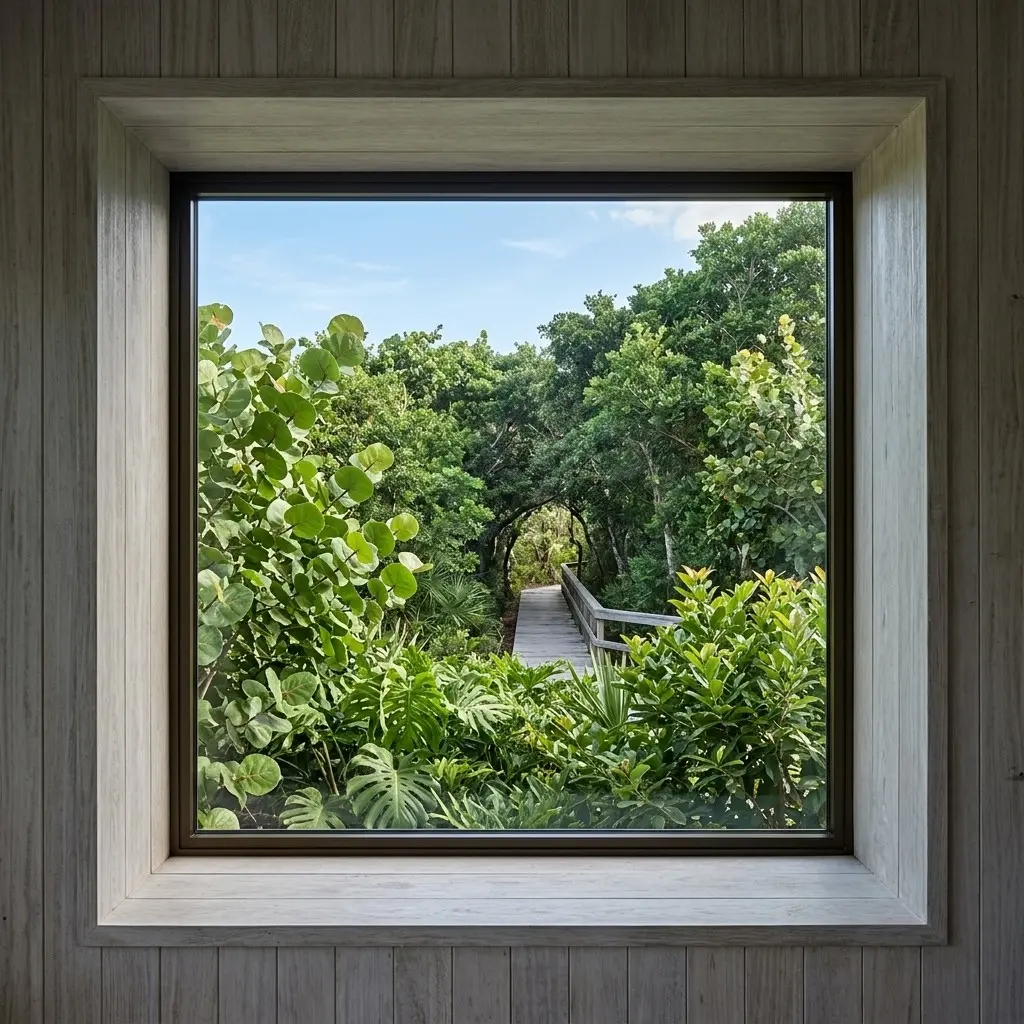 Une fenêtre carrée en bois clair encadre la végétation et un sentier de bois qui se perd entre les arbres.