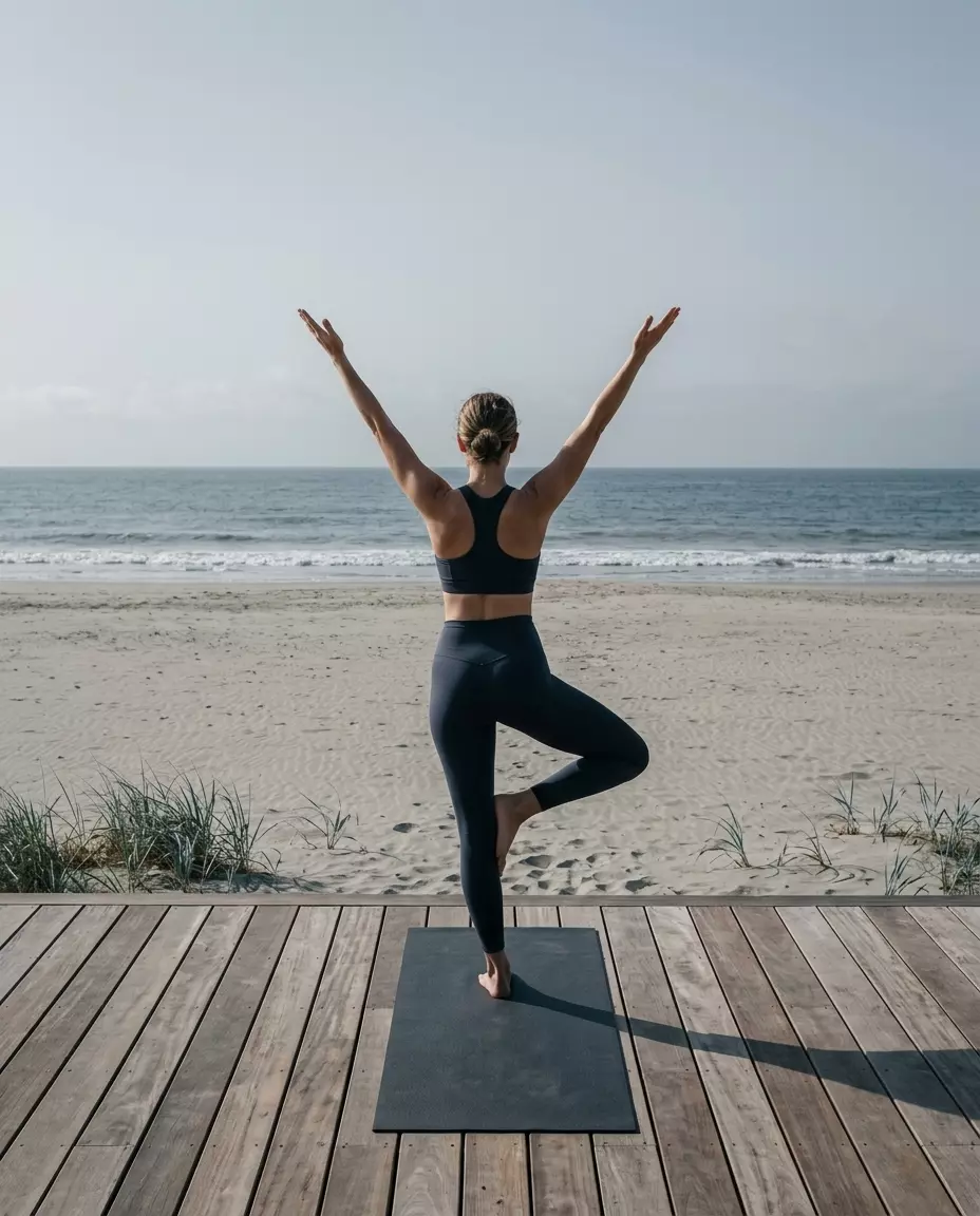Una mujer practica yoga sobre una plataforma de madera frente a la playa.